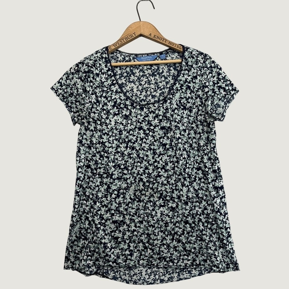 Simply Vera Vera Wang Womens Medium Blue Floral Scoop Neck Short Sleeve Top